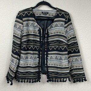 NWT Relativity Tapestry Fringe Open Front Cardigan Blazer Jacket Sz M